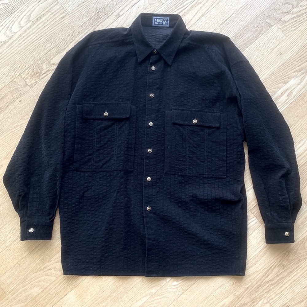 VERSACE CLASSIC V2 black fine corduroy shirt black/gold metal buttons. Sz. Large